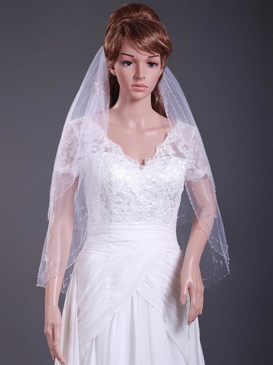 Two-tier Tulle Elbow Wedding Veils with Beaded Edge #1430100