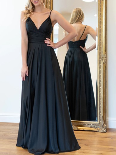A-line V-neck Satin Floor-length with Ruched Bridesmaid Dress #UKM01016077