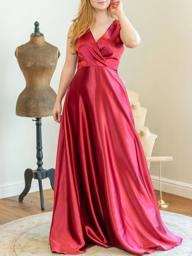 A-line V-neck Satin Sweep Train with Ruched Bridesmaid Dress #UKM01016078