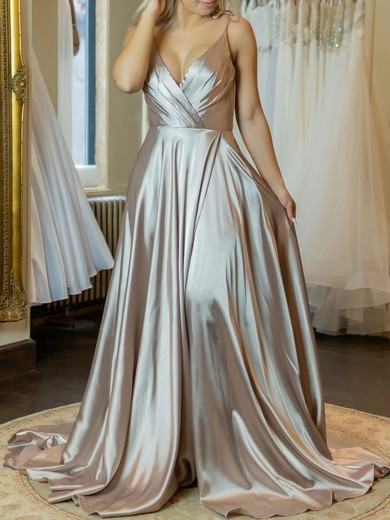 A-line V-neck Satin Sweep Train with Ruched Bridesmaid Dress #UKM01016079