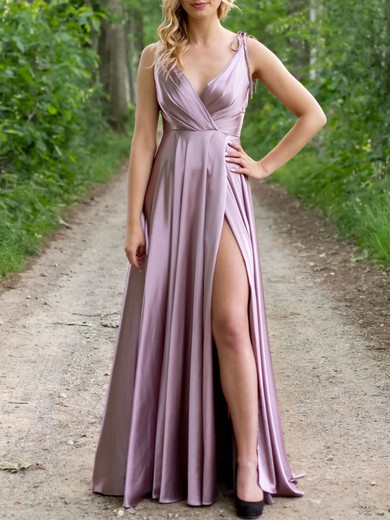 A-line V-neck Satin Sweep Train with Ruched Bridesmaid Dress #UKM01016080