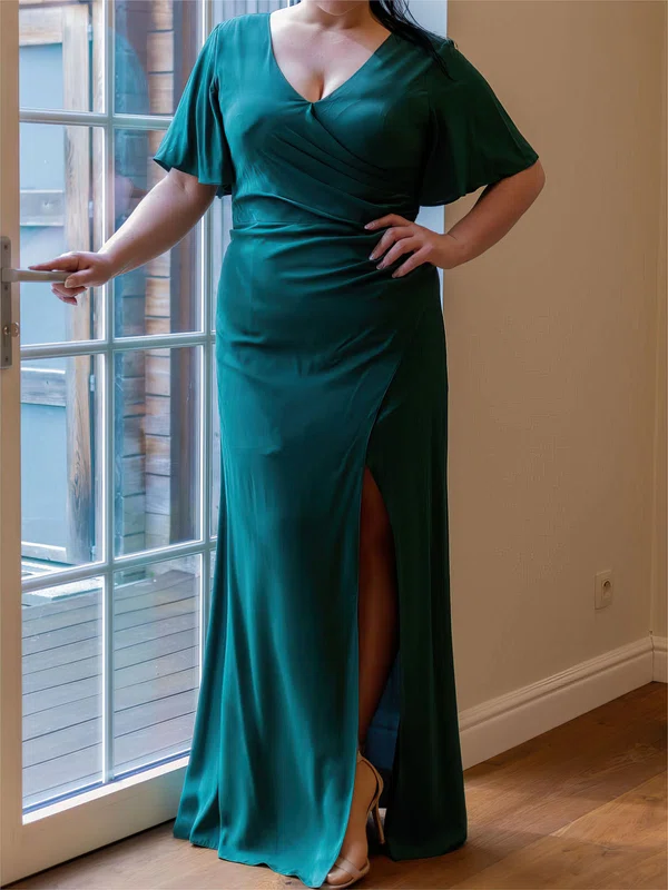 Sheath/Column V-neck Chiffon Floor-length with Ruched Plus Size Bridesmaid Dress #UKM01016082