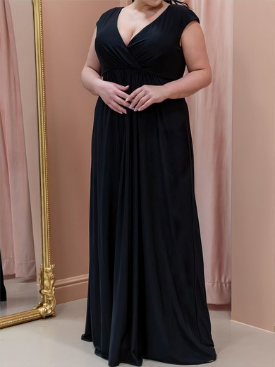 A-line V-neck Jersey Floor-length with Ruched Plus Size Bridesmaid Dress #UKM01016086