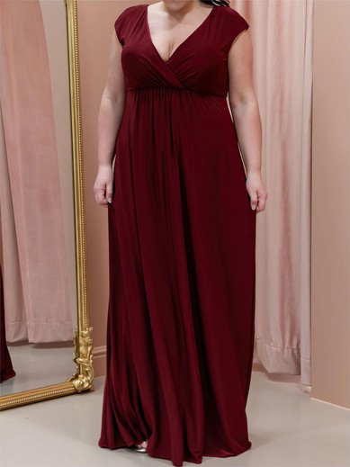 A-line V-neck Jersey Floor-length with Ruched Plus Size Bridesmaid Dress #UKM01016087