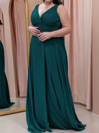 A-line V-neck Chiffon Floor-length with Ruched Plus Size Bridesmaid Dress #UKM01016088
