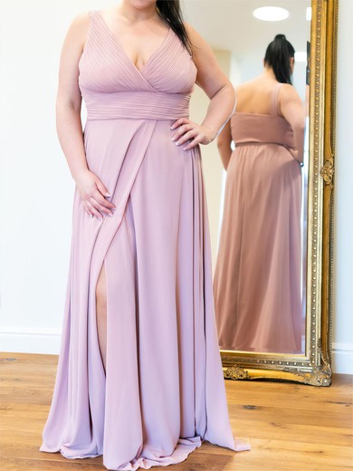A-line V-neck Chiffon Floor-length with Ruched Plus Size Bridesmaid Dress #UKM01016089