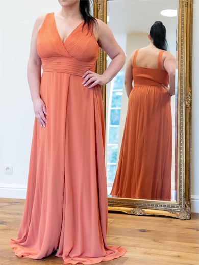 A-line V-neck Chiffon Floor-length with Ruched Plus Size Bridesmaid Dress #UKM01016090