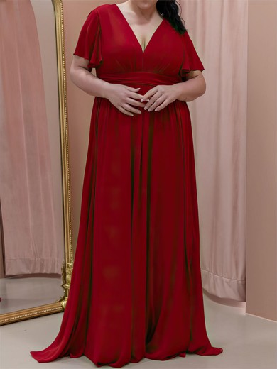 A-line V-neck Chiffon Floor-length Plus Size Bridesmaid Dress #UKM01016092