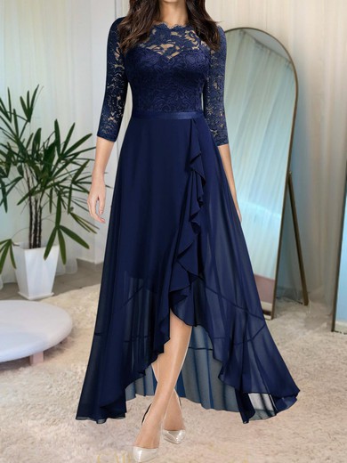 A-line Illusion Lace Chiffon Asymmetrical Bridesmaid Dress with Ruffles #UKM01016093