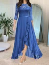 A-line Illusion Lace Chiffon Asymmetrical Bridesmaid Dress with Ruffles #UKM01016094