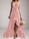 A-line V-neck Chiffon Asymmetrical Bridesmaid Dress with Ruched #UKM01016096