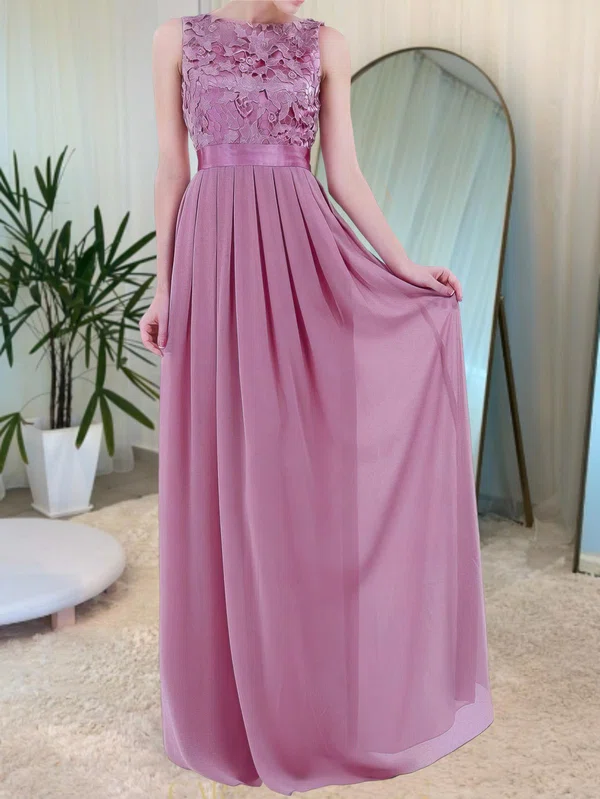 A-line Illusion Lace Chiffon Floor-length Bridesmaid Dress #UKM01016097