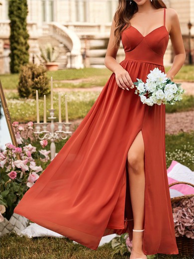 A-line V-neck Chiffon Floor-length Bridesmaid Dress with Slit #UKM01016106