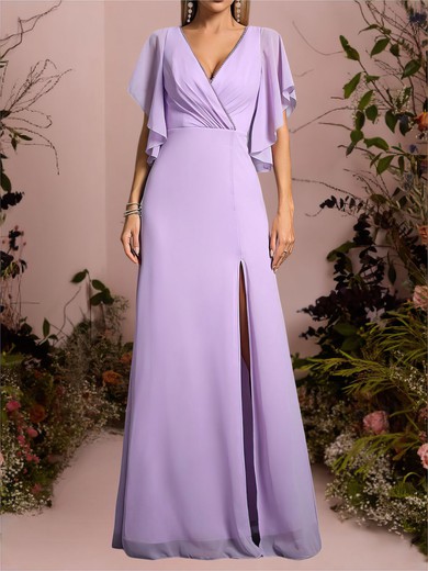A-line V-neck Chiffon Floor-length Bridesmaid Dress with Slit #UKM01016110