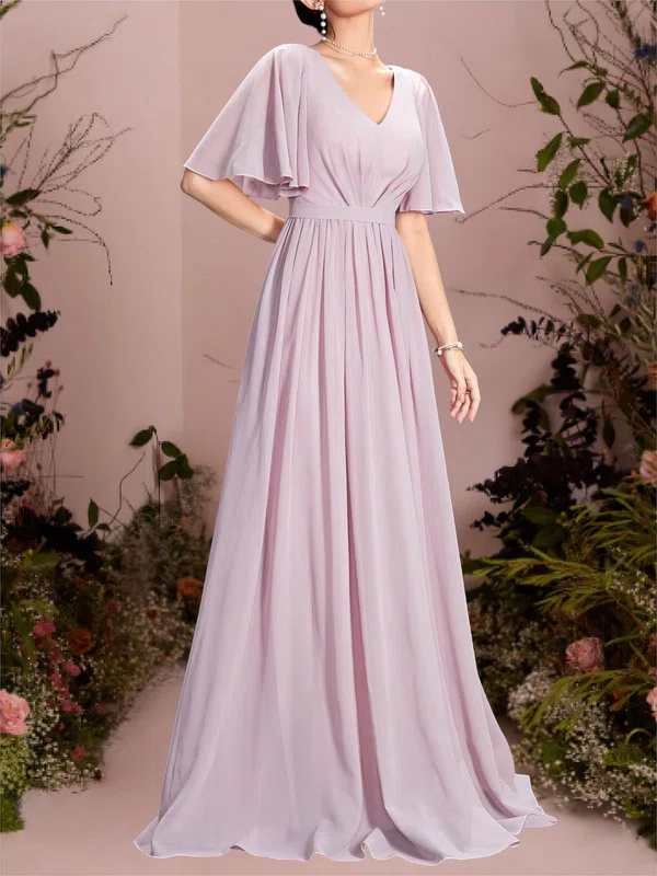 A-line V-neck Chiffon Floor-length Bridesmaid Dress #UKM01016111