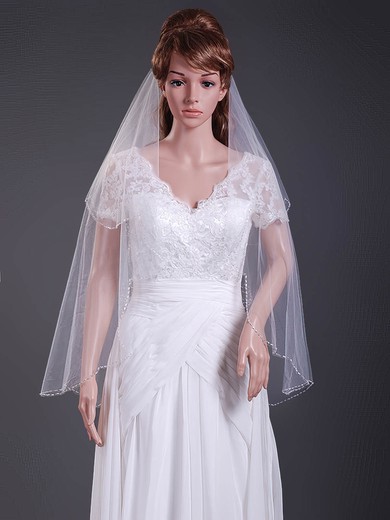 Nice Two-tier Tulle Fingertip Wedding Veils with Beaded Edge #1430108
