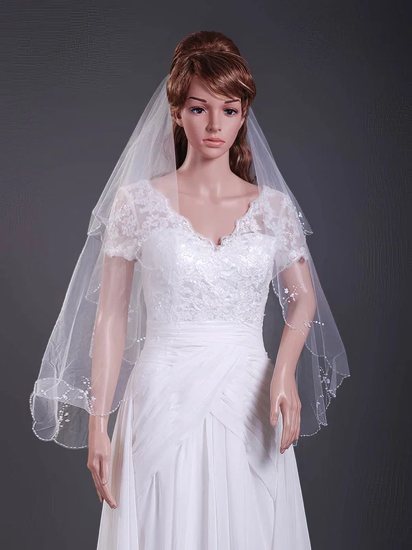 Two-tier Tulle Elbow Wedding Veils with Beaded Edge #1430109