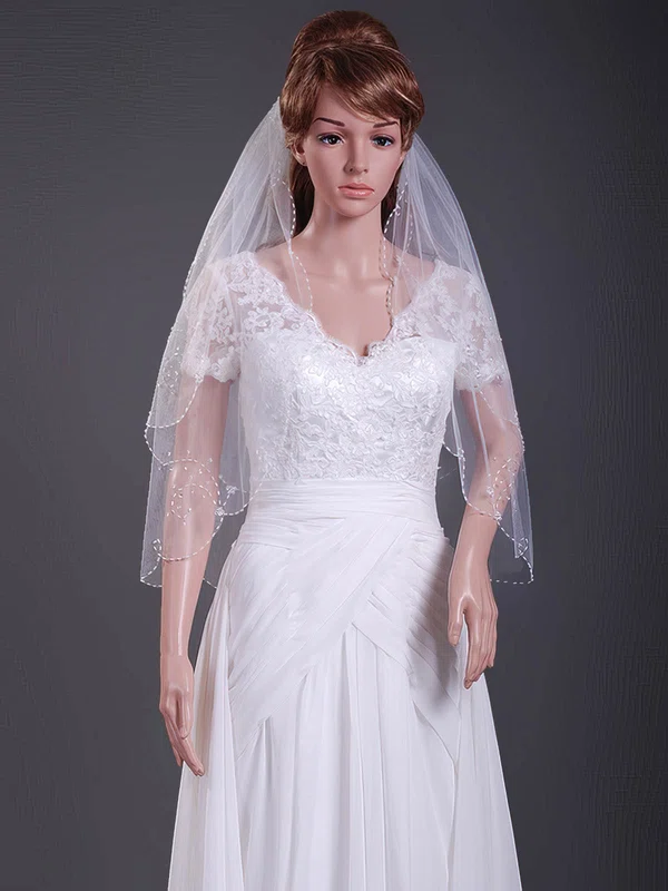 Delicate Two-tier Tulle Elbow Wedding Veils with Beaded Edge #1430110