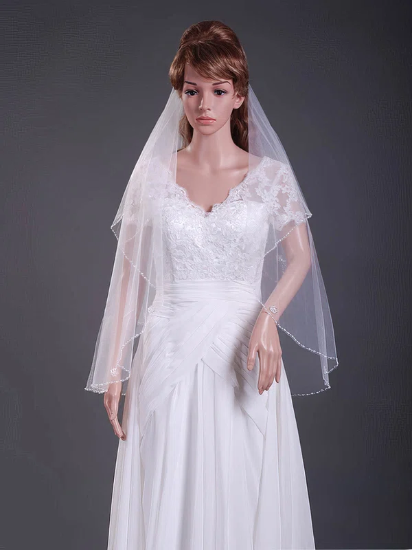 Two-tier Tulle Fingertip Wedding Veils with Beaded Edge #1430112