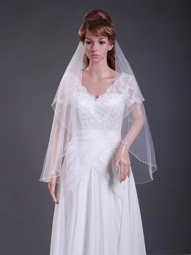 Two-tier Tulle Fingertip Wedding Veils with Beaded Edge #1430112
