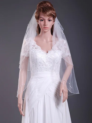 Gorgeous Three-tier Tulle Elbow Wedding Veils with Beaded Edge #1430114