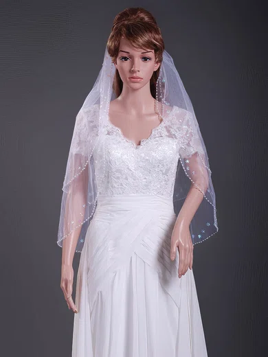 Elegant Two-tier Elbow Wedding Veils with Beaded Edge #1430116