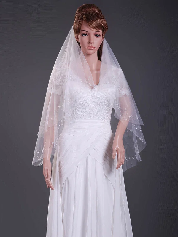 Modern Two-tier Tulle Fingertip Wedding Veils with Cut Edge #1430121