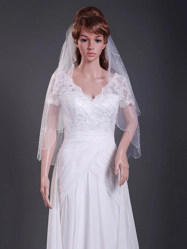 Two-tier Tulle Elbow Wedding Veils with Beaded Edge #1430123