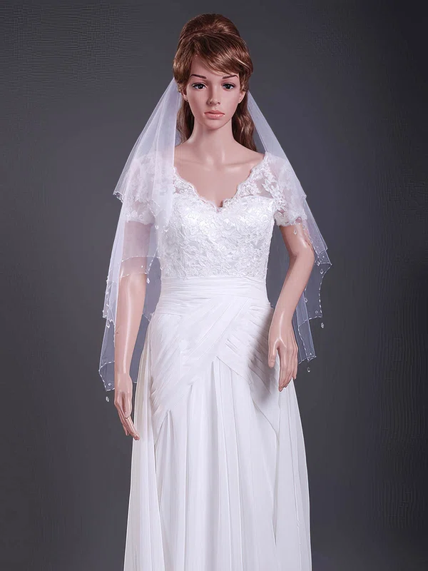 Delicate Two-tier Tulle Elbow Wedding Veils with Beaded Edge #1430127