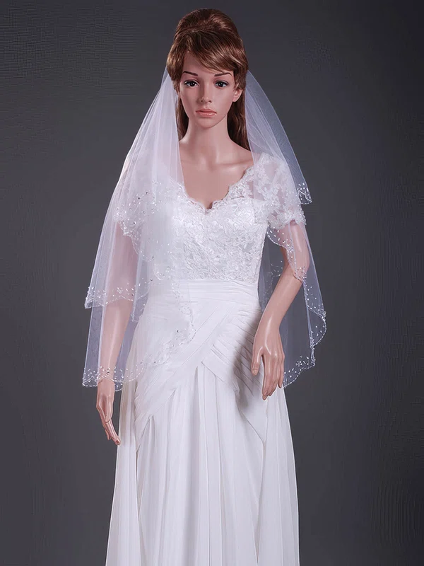 Two-tier Tulle Elbow Wedding Veils with Beaded Edge #1430129