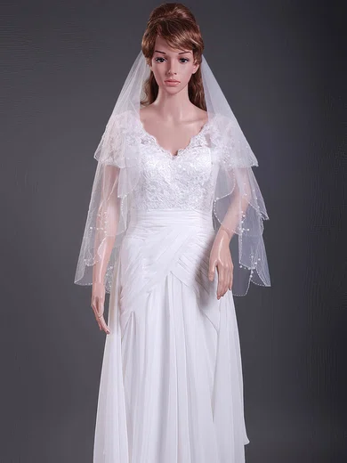 Nice Two-tier Elbow Wedding Veils with Beaded Edge #1430133