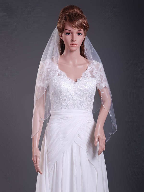 Two Tier Fingertip Wedding Veils With Beaded Edge Millybridal 3244