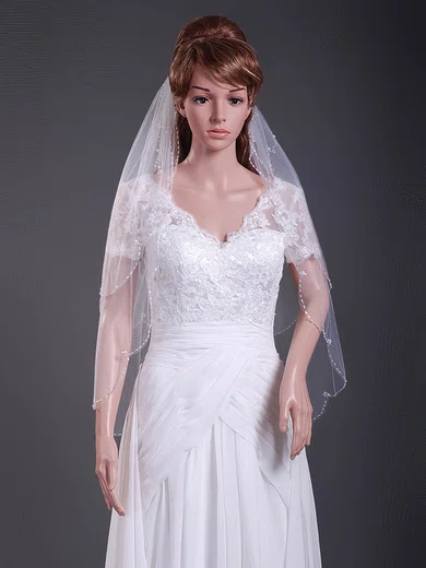Two-tier Fingertip Wedding Veils with Beaded Edge #1430138