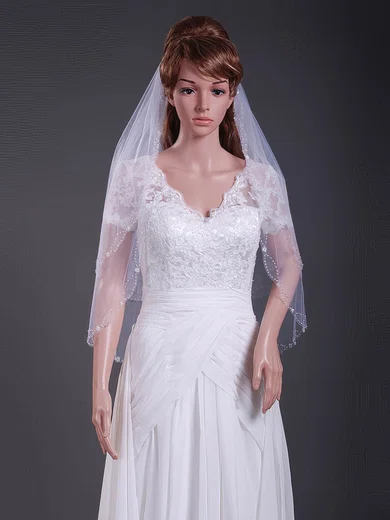 Elegant Two-tier Elbow Wedding Veils with Beaded Edge #1430149