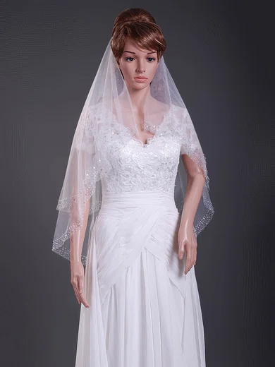Nice Two-tier Elbow Wedding Veils with Beaded Edge #1430155