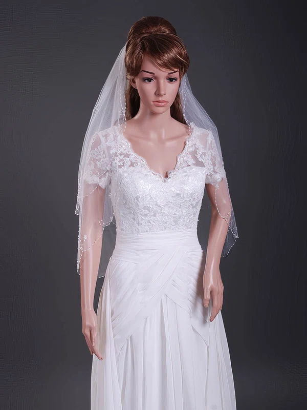Elegant Two-tier Elbow Wedding Veils with Beaded Edge #1430164