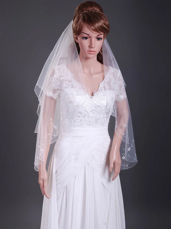 Beautiful Two-tier Tulle Fingertip Wedding Veils with Beaded Edge #1430169