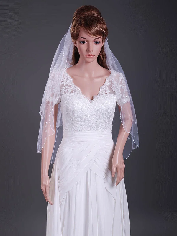 Two-tier Tulle Elbow Wedding Veils with Beaded Edge #1430171