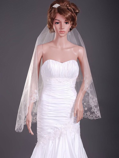 Two-tier Fingertip Wedding Veils with Lace Applique Edge #1430187