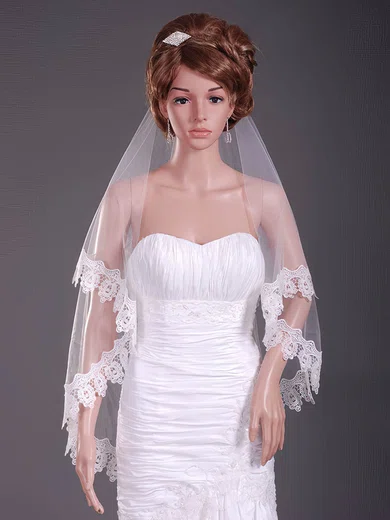 Delicate Two-tier Fingertip Wedding Veils with Lace Applique Edge #1430189