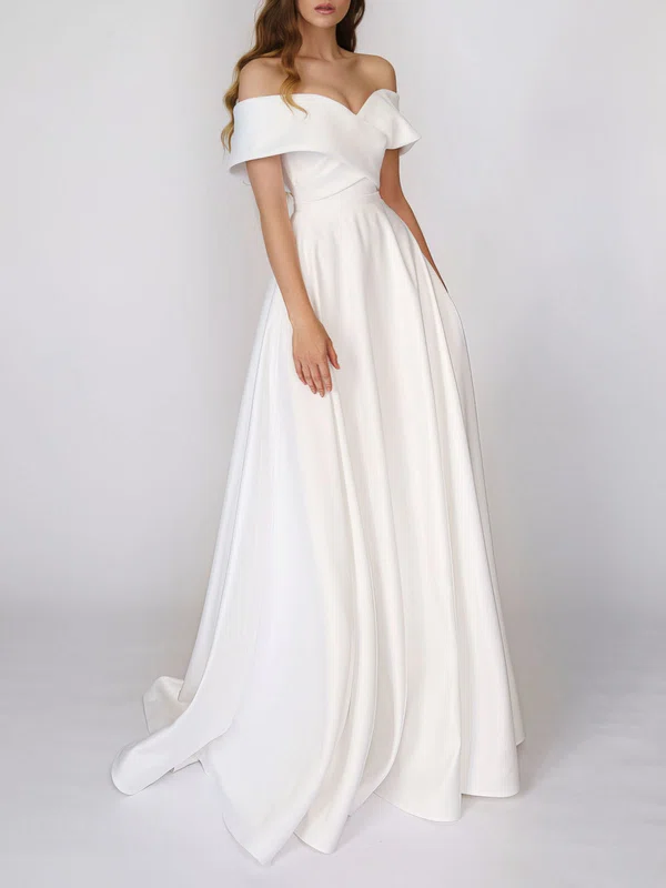 A-line Off-the-shoulder Stretch Crepe Court Train Wedding Dress #UKM00026820