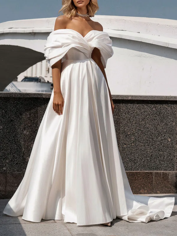 Ball Gown/Princess Off-the-shoulder Satin Chapel Train Wedding Dress #UKM00026825