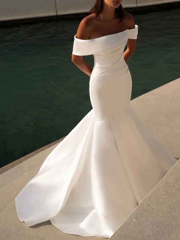 Trumpet/Mermaid Off-the-shoulder Satin Chapel Train Wedding Dress #UKM00026827