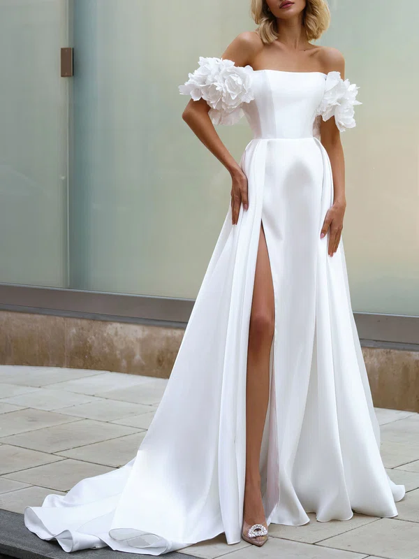 A-line Off-the-shoulder Satin Chapel Train Wedding Dress #UKM00026832