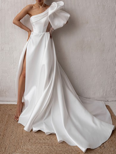 A-line One Shoulder Satin Chapel Train Wedding Dress #UKM00026834