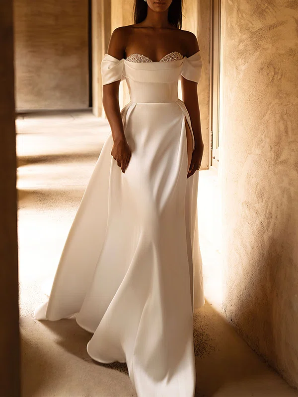 A-line Off-the-shoulder Satin Chapel Train Wedding Dress #UKM00026839