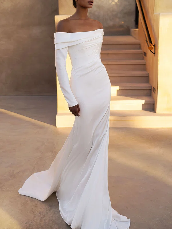 Trumpet/Mermaid Off-the-shoulder Stretch Crepe Watteau Train Wedding Dress #UKM00026843