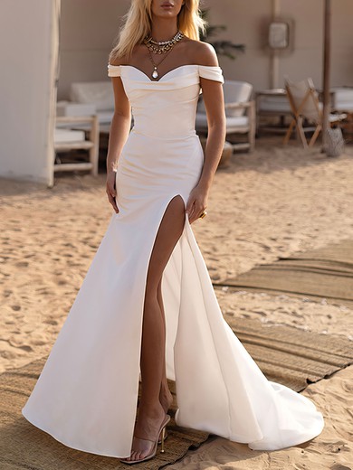 Trumpet/Mermaid Off-the-shoulder Satin Chapel Train Wedding Dress #UKM00026846