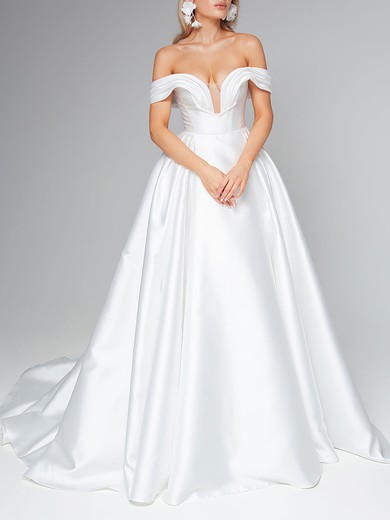 Ball Gown/Princess Off-the-shoulder Satin Watteau Train Wedding Dress #UKM00026849