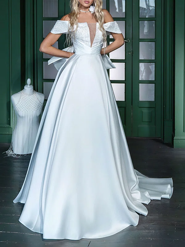 Ball Gown/Princess Off-the-shoulder Satin Watteau Train Wedding Dress #UKM00026854